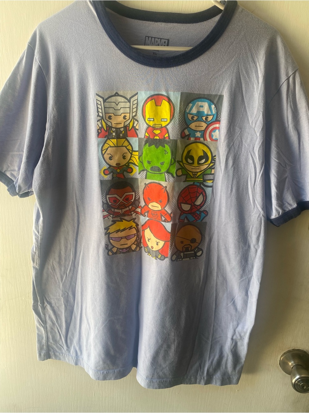 Marvel Light Blue Ringer Tee with Kawaii Hero Grid, men’s size XL
